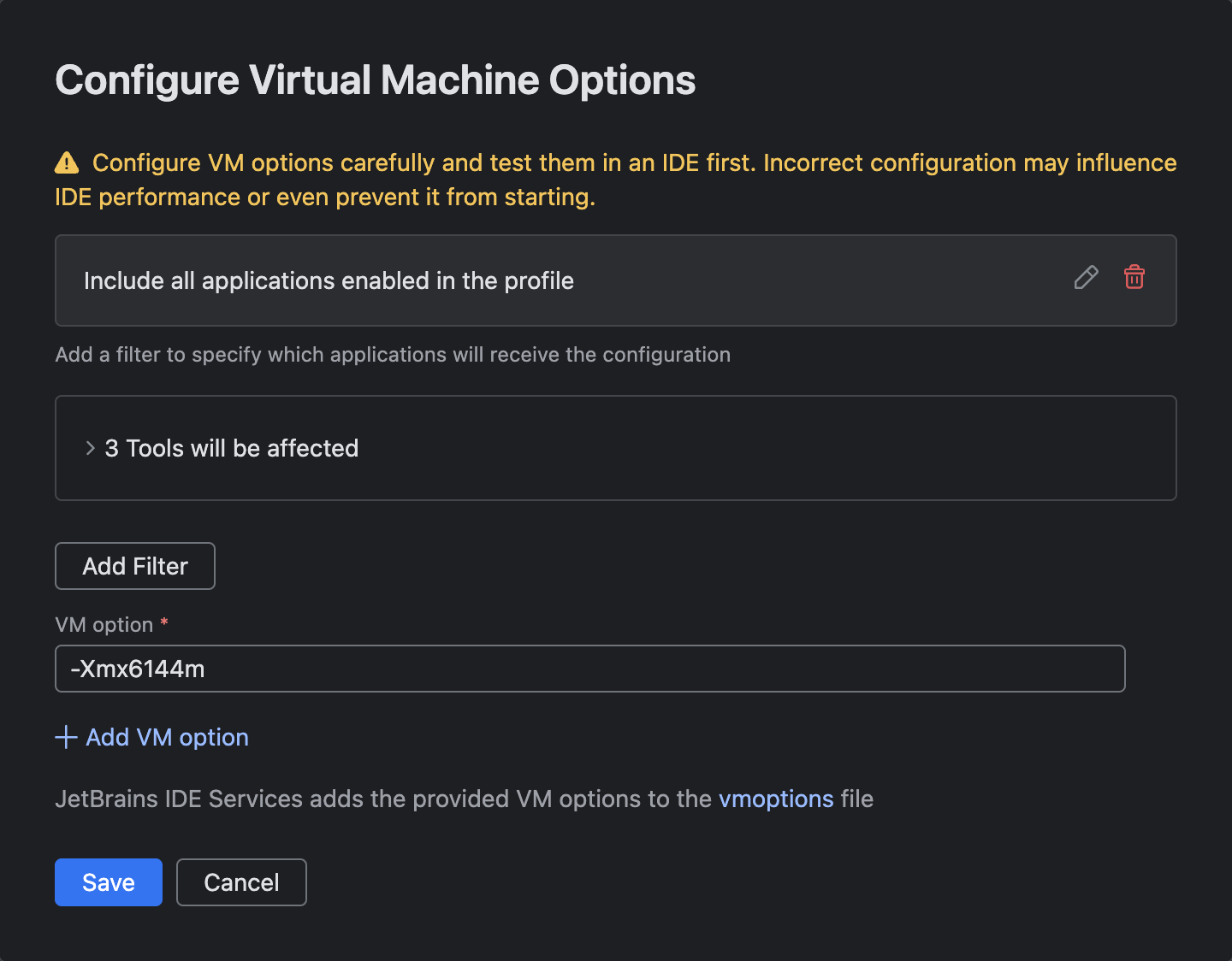 Configure settings and VM options | IDE Services Documentation