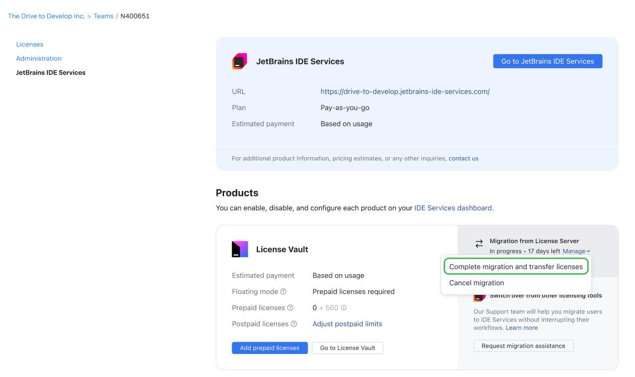 Complete migration and trasfer licenses menu option