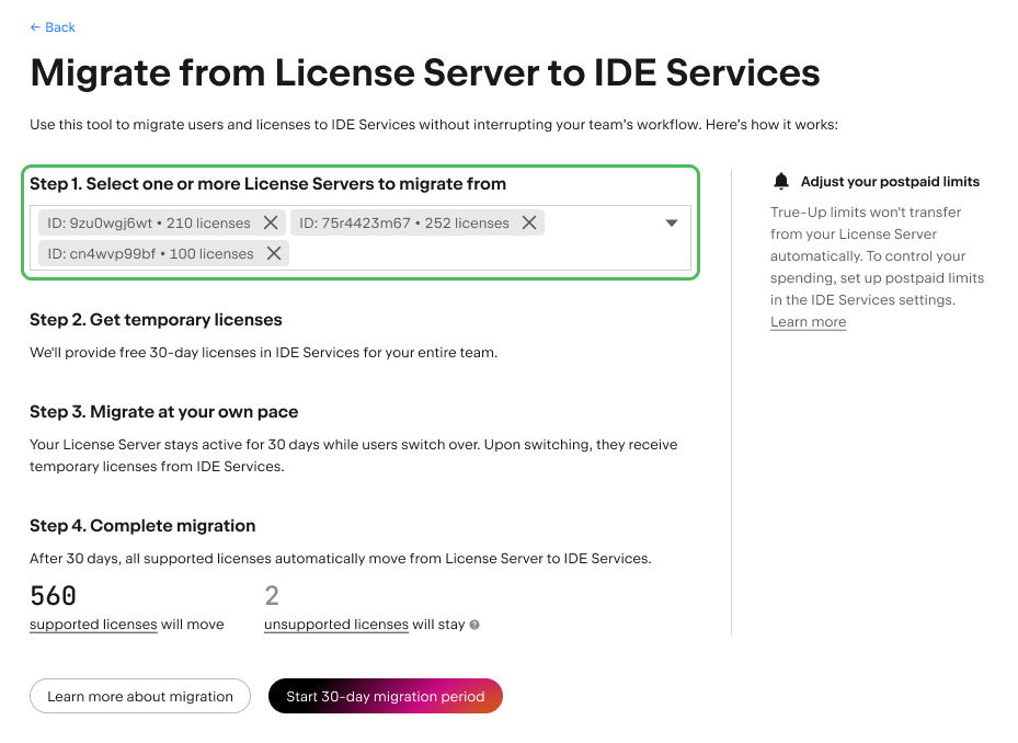 Field where license servers can be selected