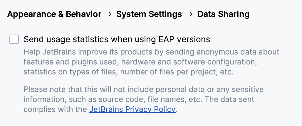 The Data Sharing settings in JetBrains IDEs The Data Sharing settings in JetBrains IDEs