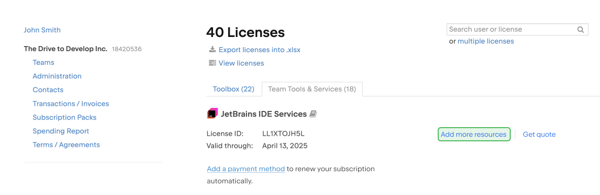 Button to add more resources to the lisence Button to add more resources to the lisence