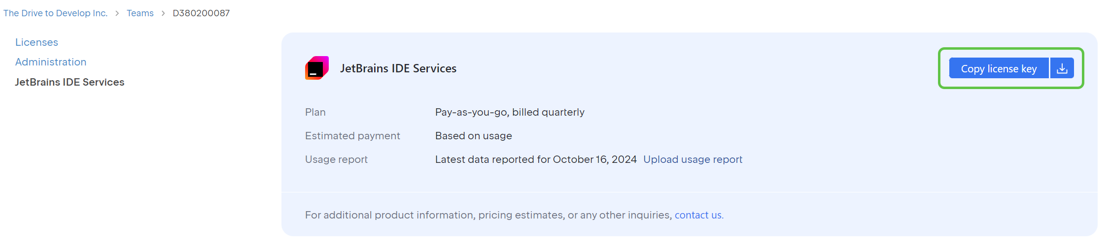 The buttons to download or copy your license key The buttons to download or copy your license key