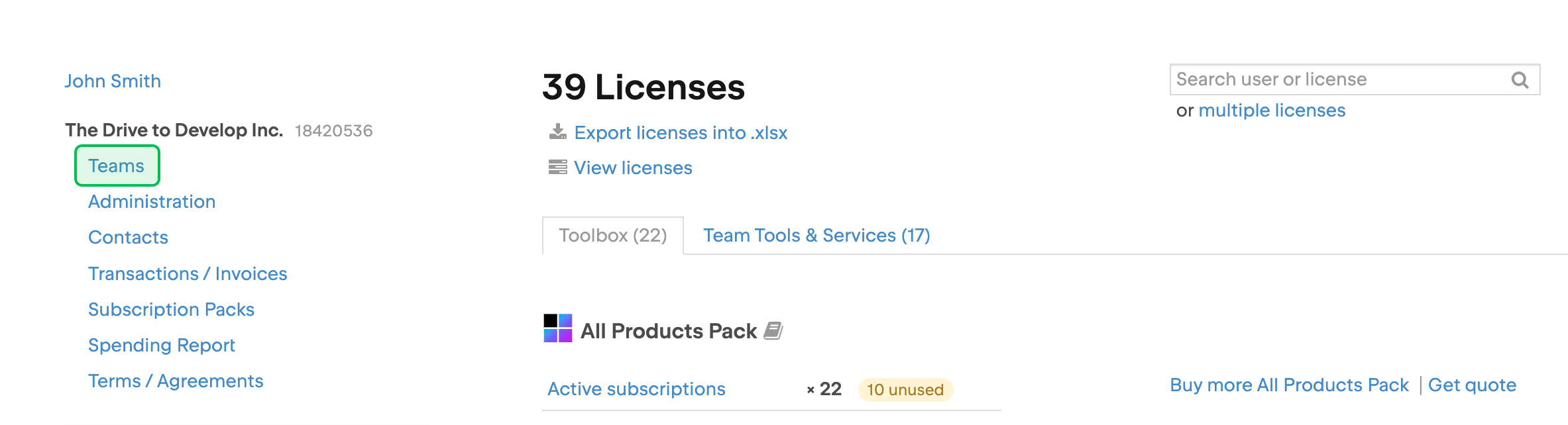 The Teams menu in your JetBrains Account The Teams menu in your JetBrains Account