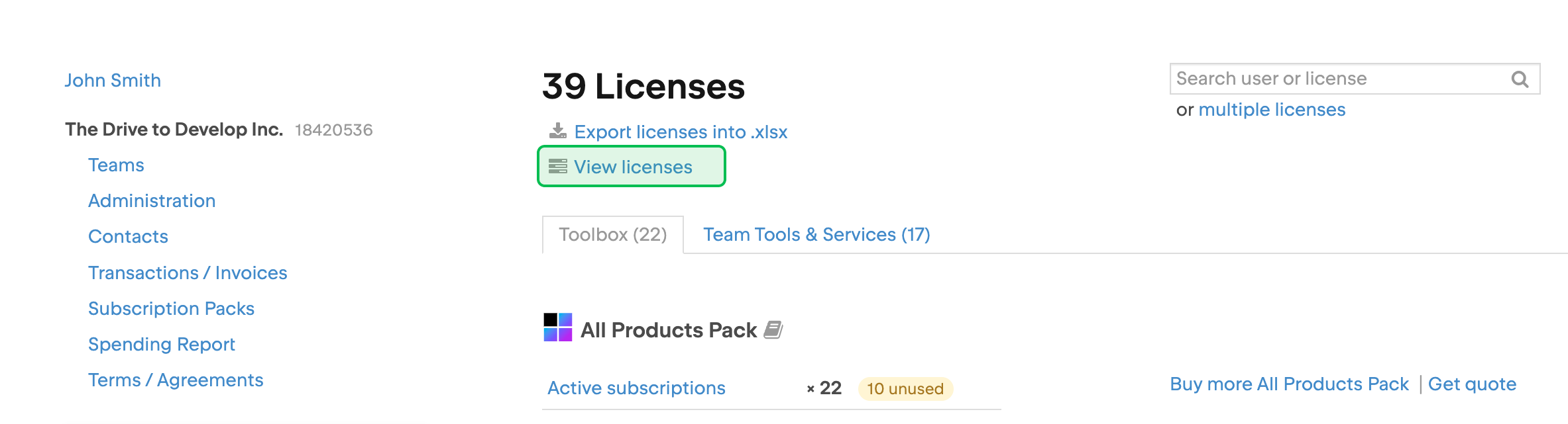 The button to view all your company's licenses in your JetBrains Account The button to view all your company's licenses in your JetBrains Account