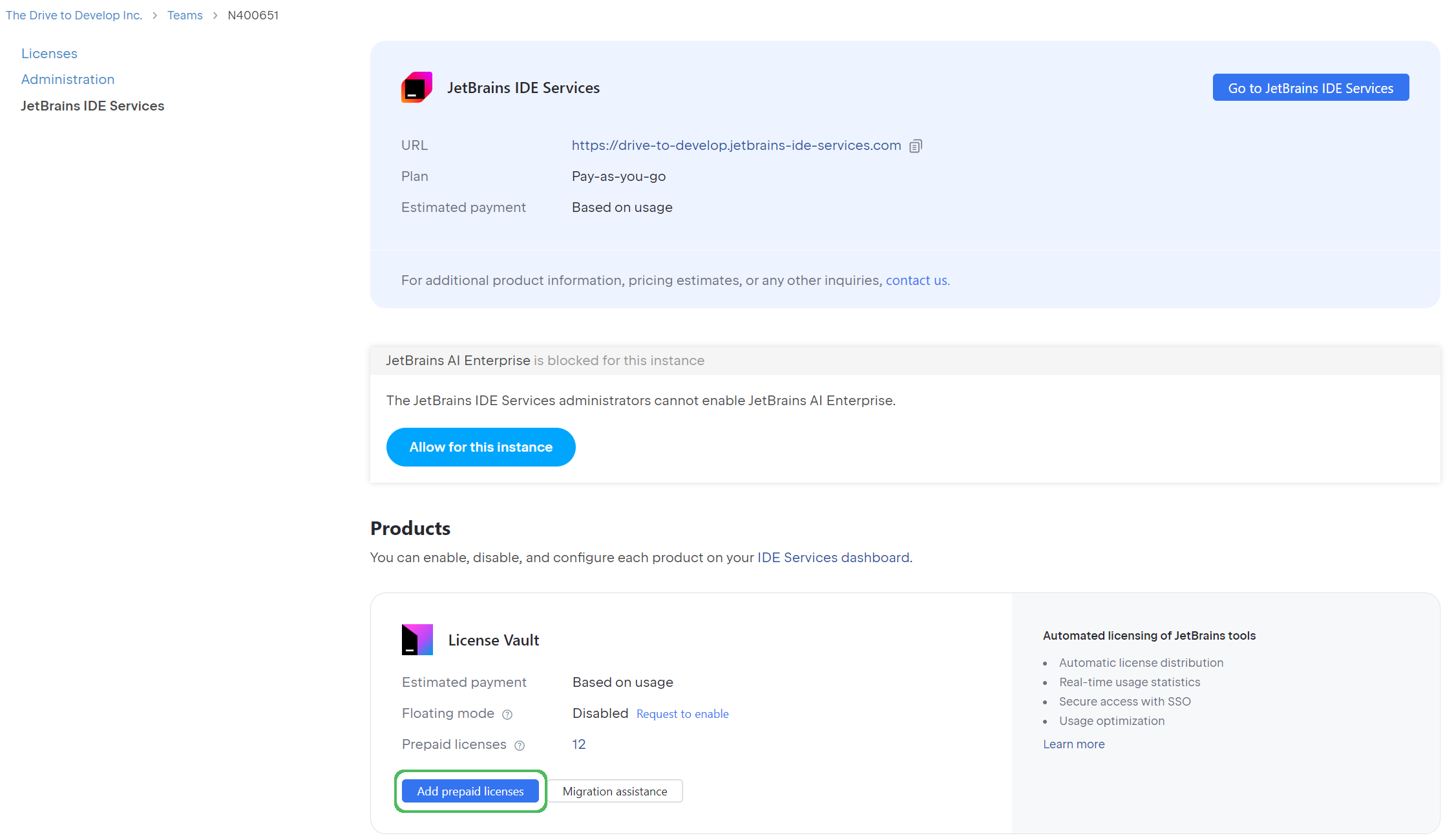 The button to add prepaid licenses to License Vault The button to add prepaid licenses to License Vault