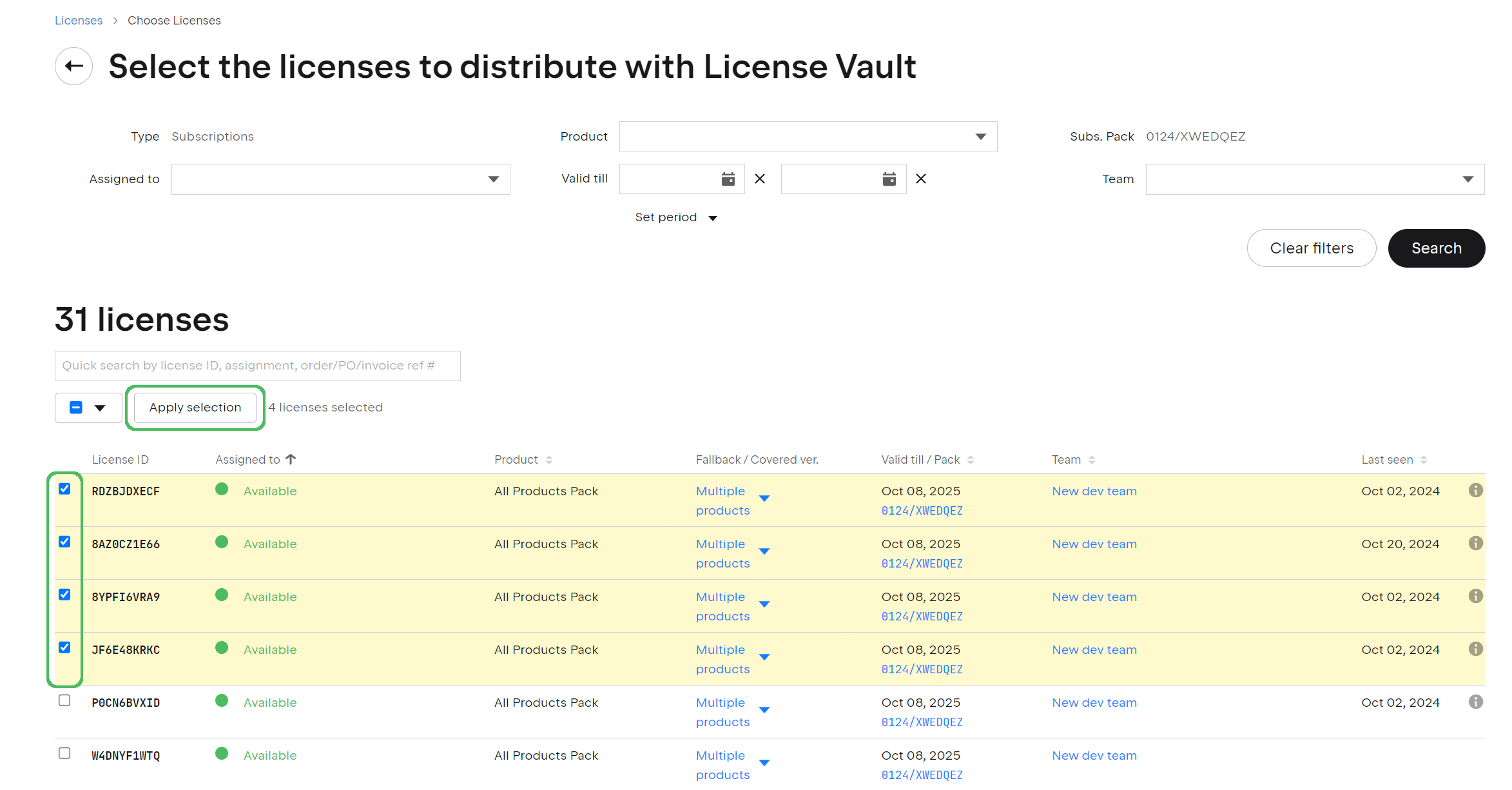 Selection of licenses and the button to transfer the selected ones to License Vault Selection of licenses and the button to transfer the selected ones to License Vault