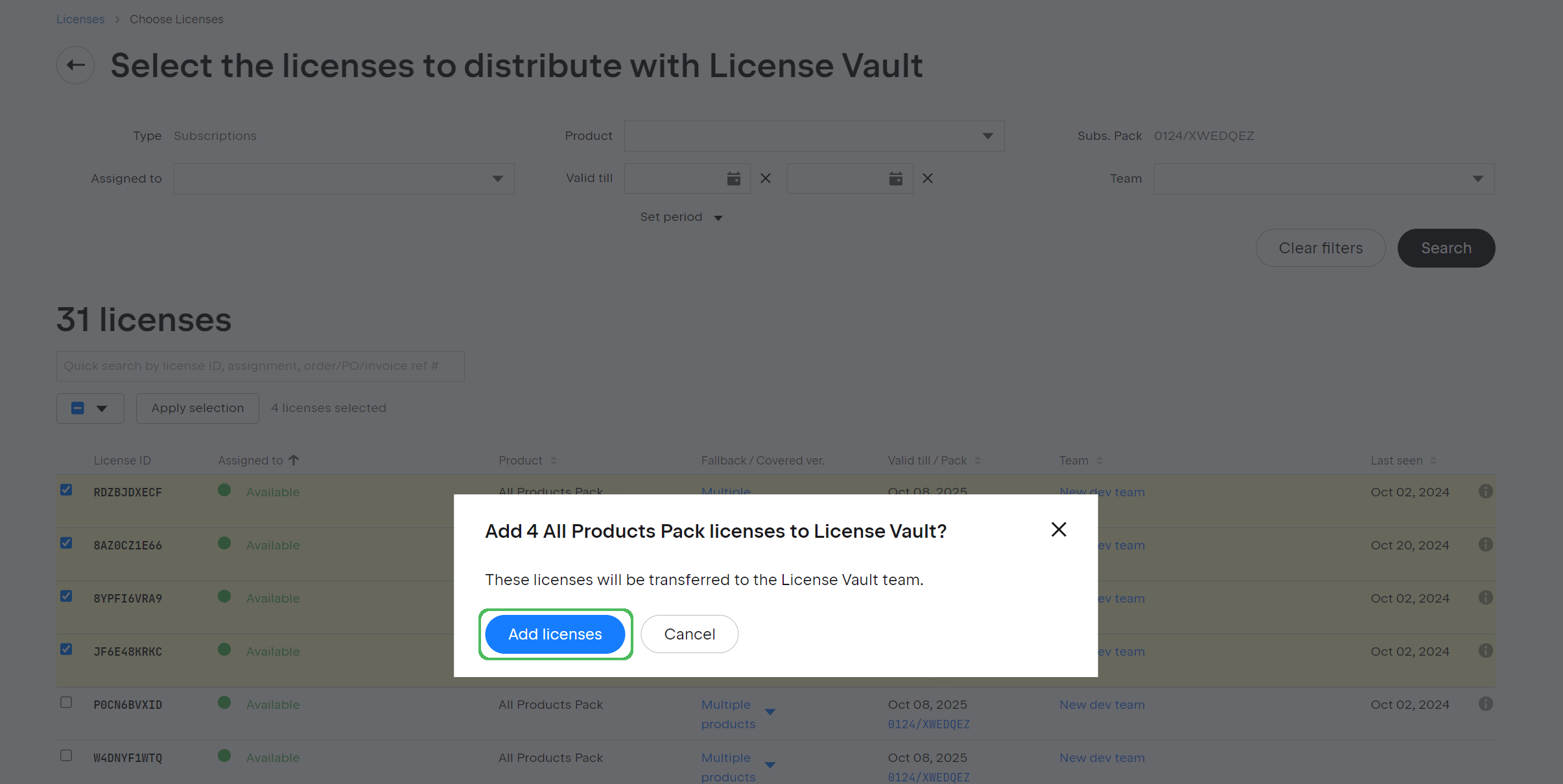 Popup with the button to confirm license transfer Popup with the button to confirm license transfer