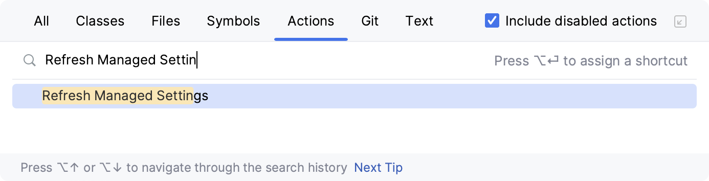 The 'Refresh managed settings' action The 'Refresh managed settings' action