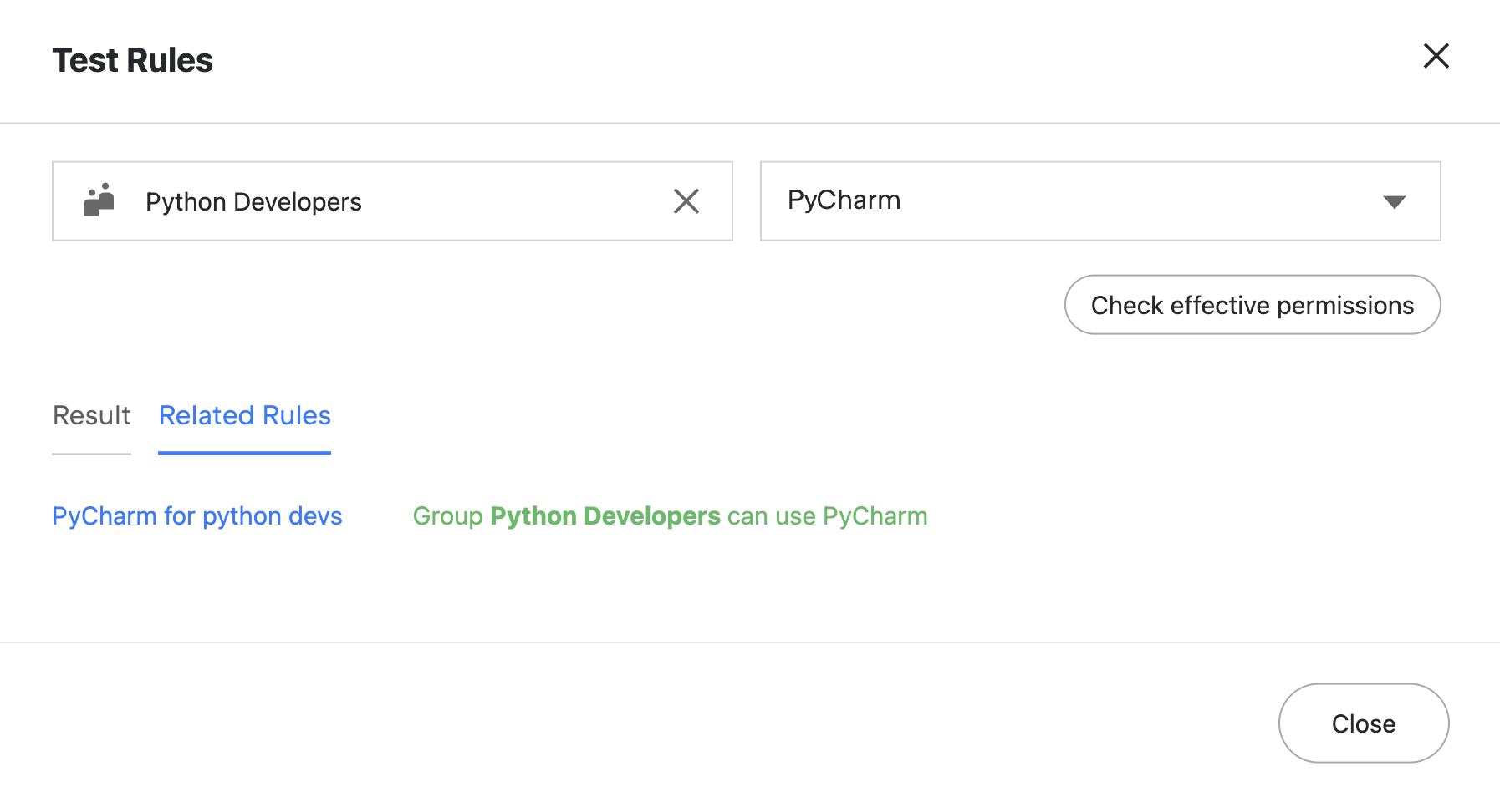The Tests Rule dialog showing the Related Rules tab The Tests Rule dialog showing the Related Rules tab