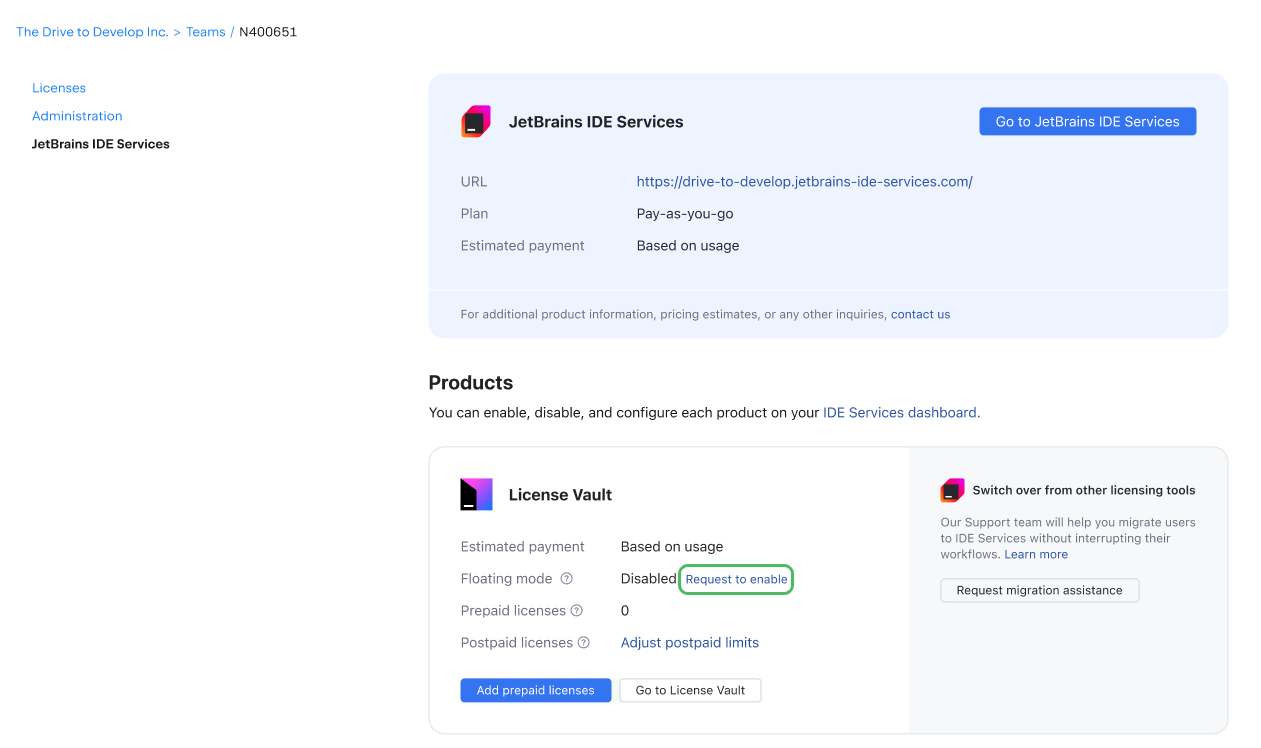 The button to request Floating mode in JetBrains Account The button to request Floating mode in JetBrains Account