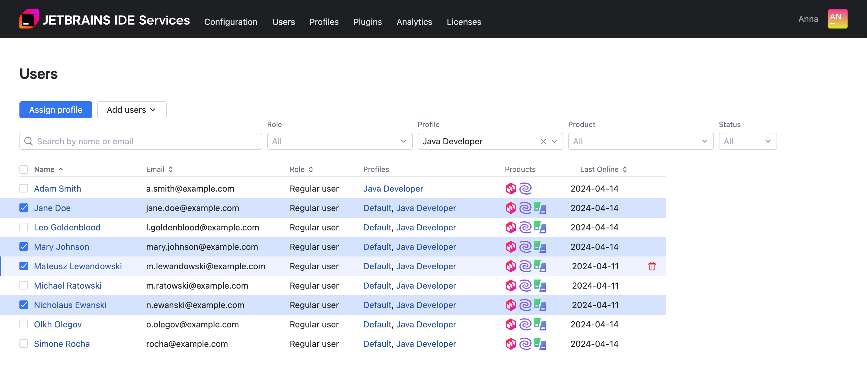 Assign a profile to several users from the Users page Assign a profile to several users from the Users page