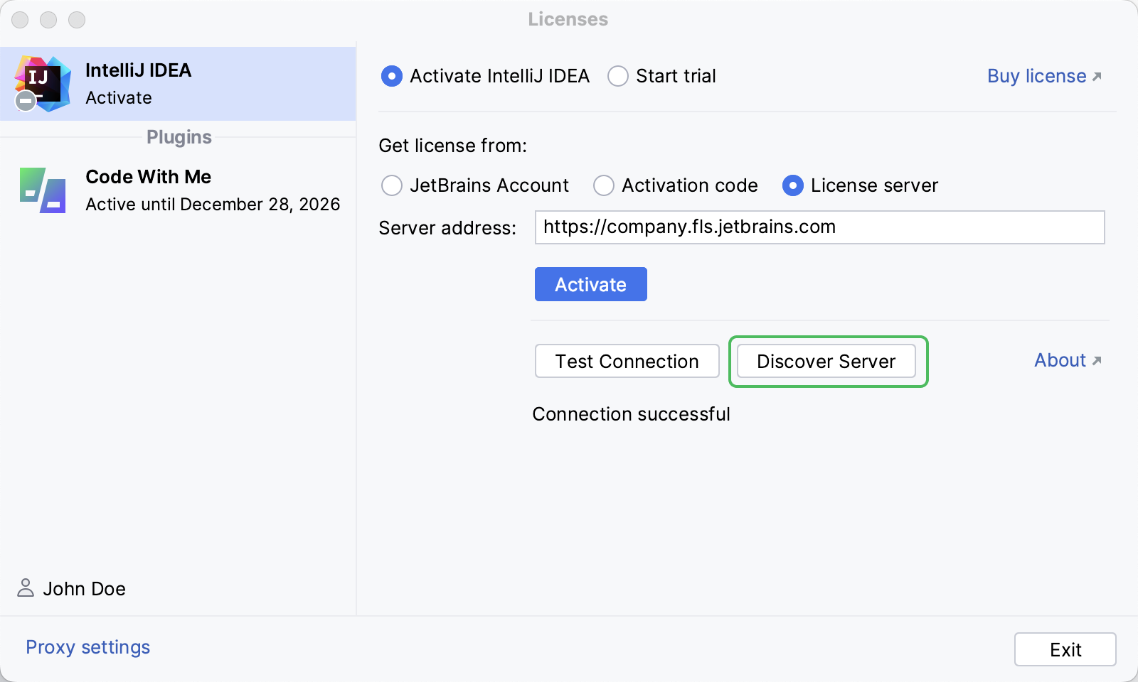 The Discover Server button in the License Activation dialog The Discover Server button in the License Activation dialog