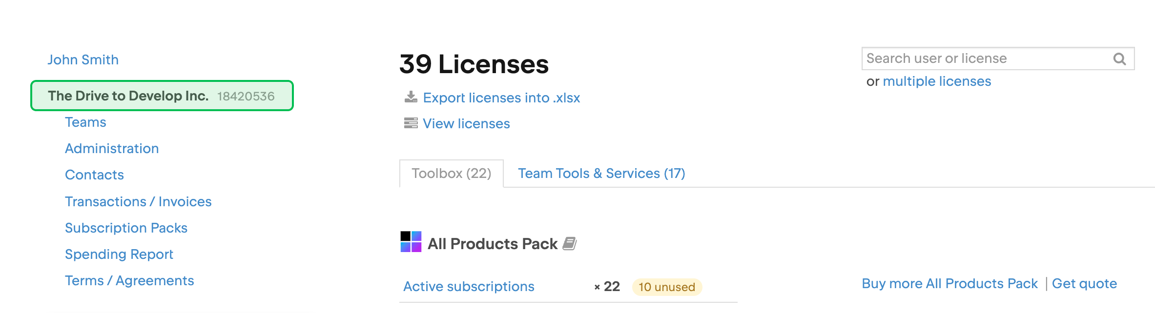 The menu item to access your company's profile from your JetBrains Account The menu item to access your company's profile from your JetBrains Account
