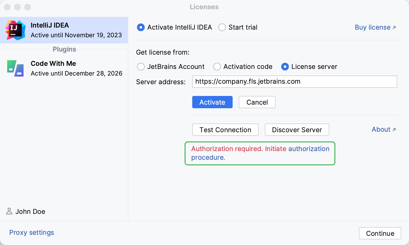 The 'Authorization required' message in the activation dialog