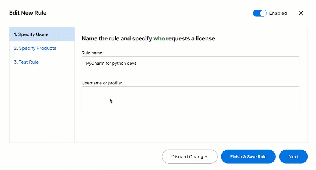 A gif showing the process of specifying user or profile names in the rule settings