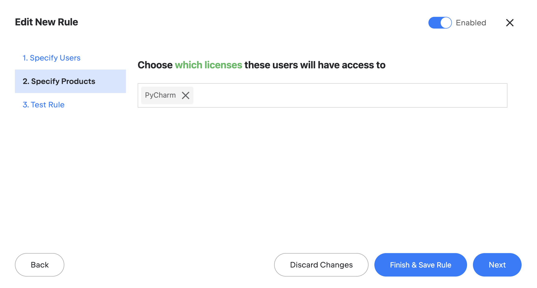 Selecting products in the rule settings