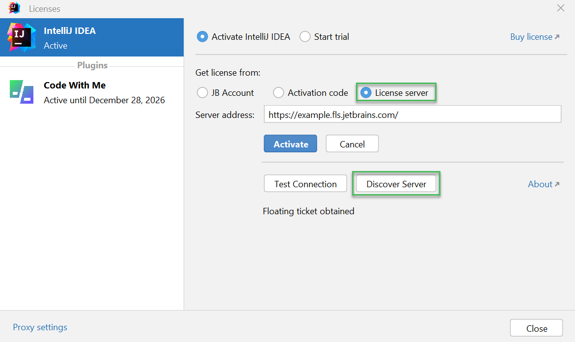 The Discover Server button in the License Activation dialog