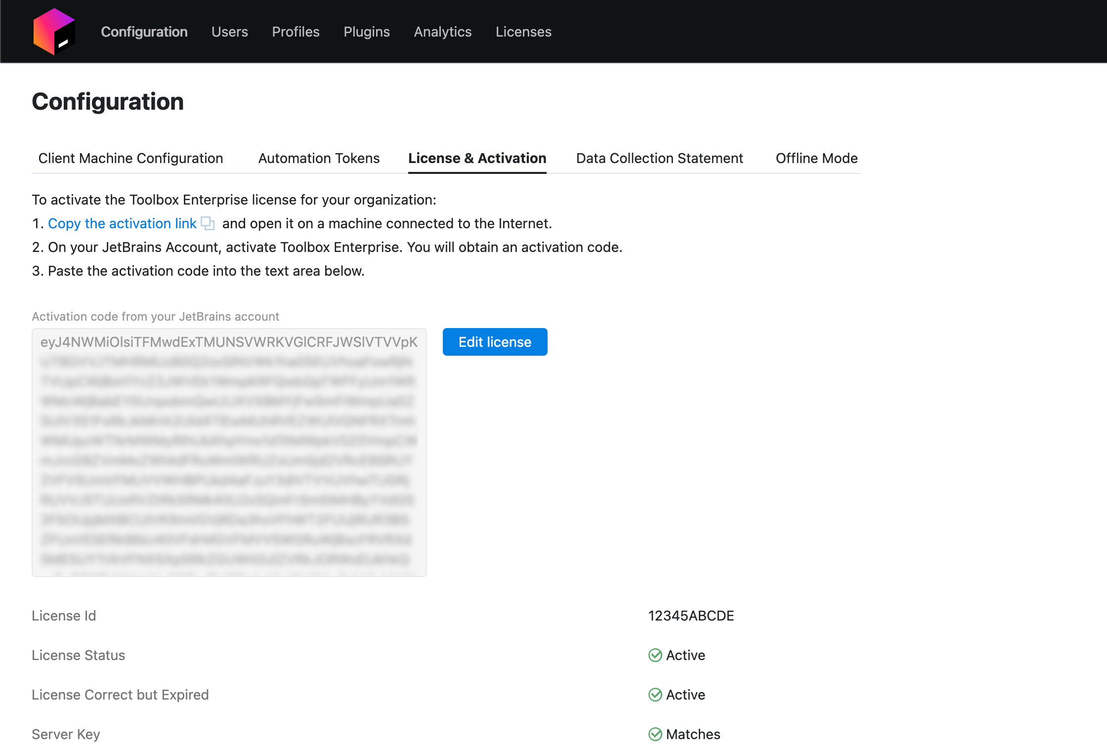 the License and Activation page