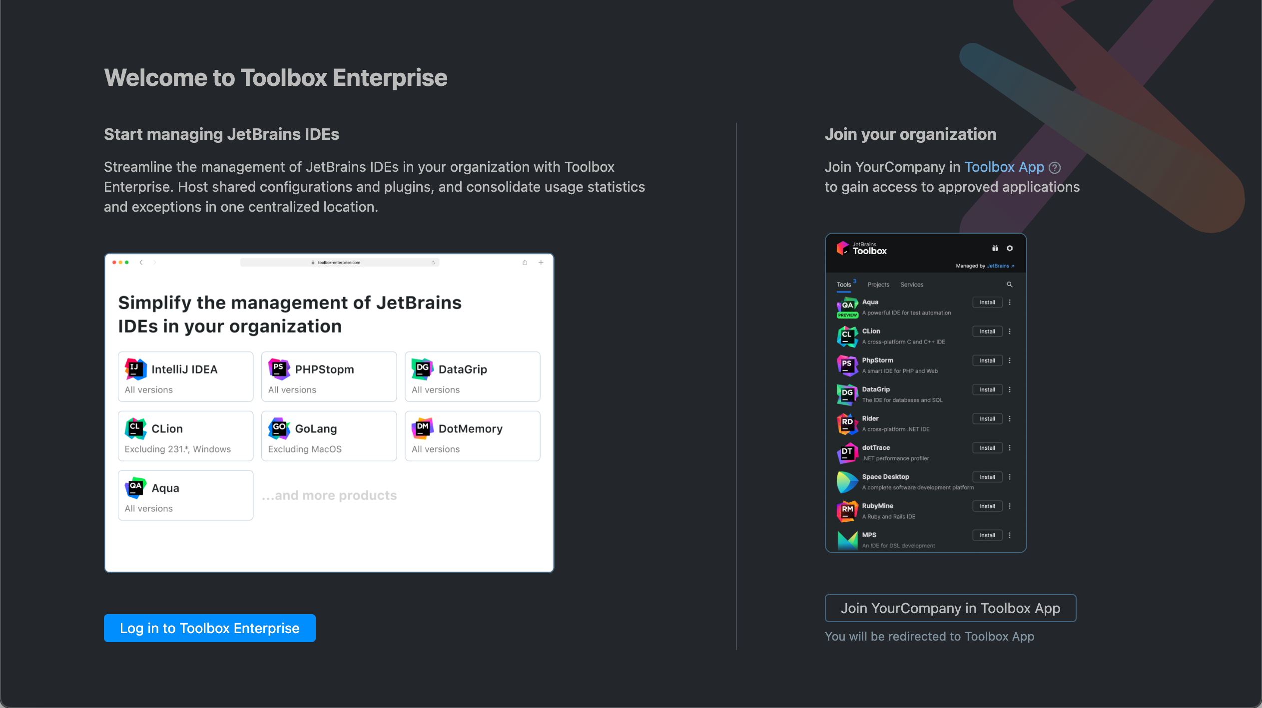 Toolbox Enterprise starting page