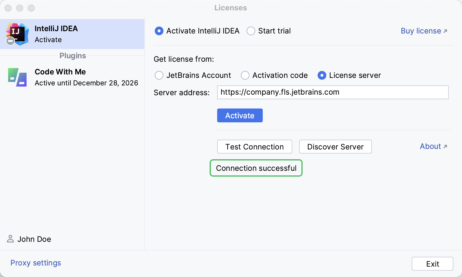 The message indicating a successful connection to Toolbox Enterprise