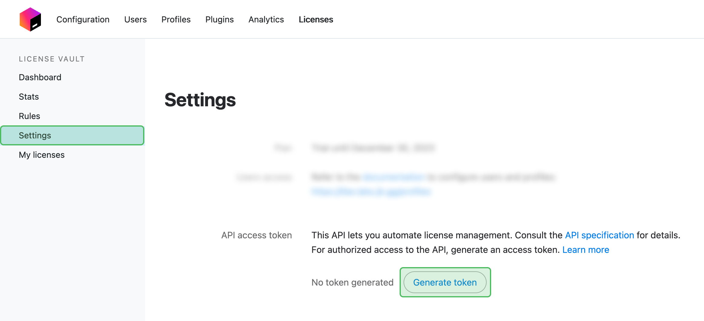 The interface that lets you generate an API access token in License Vault.