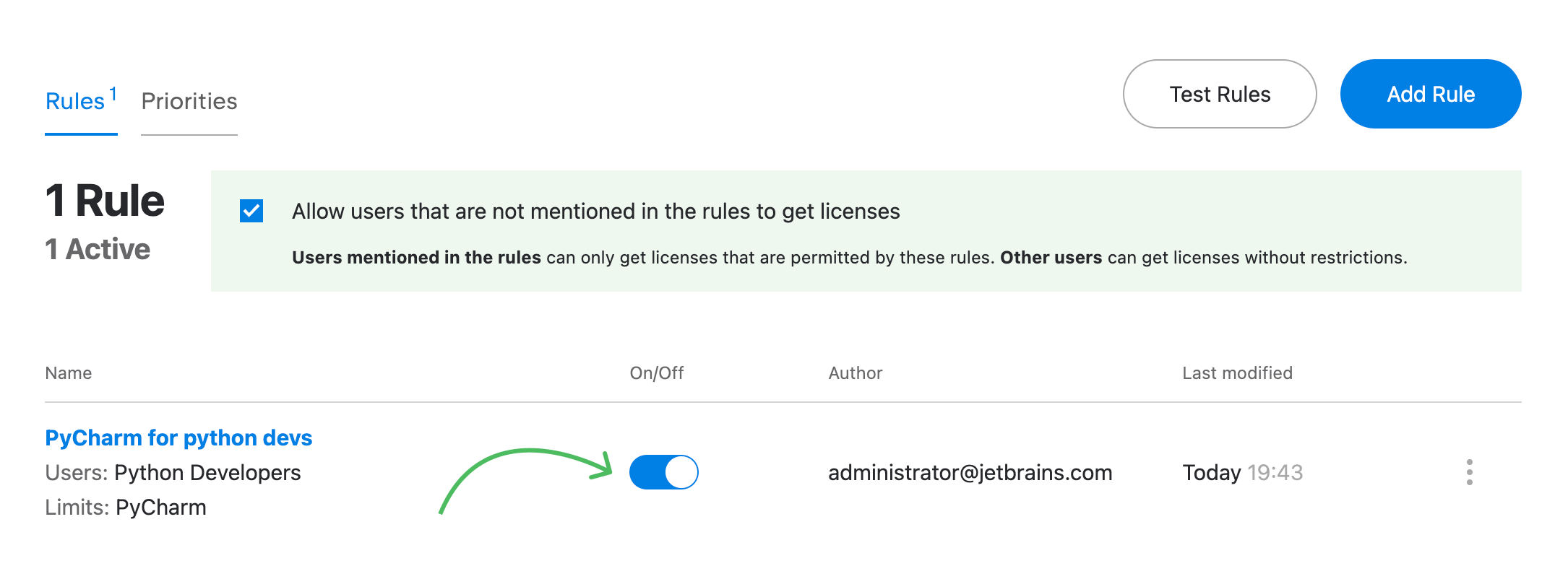 The toggle that enables or disables access rules in Toolbox Enterprise