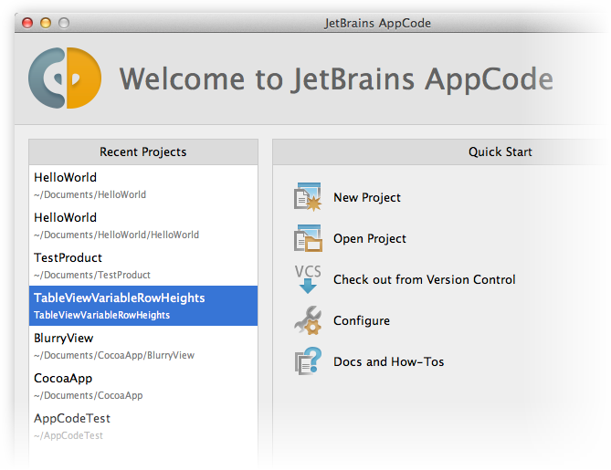 AppCode welcome screen AppCode welcome screen