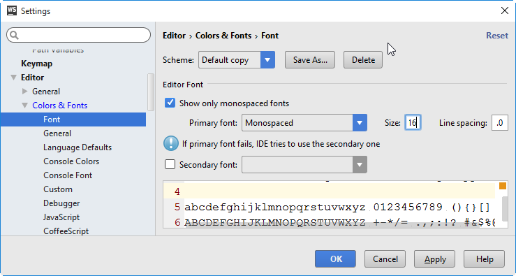 ws editor settings fonts