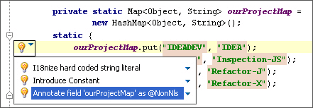 Intention actions for hard-coded string