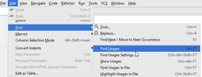 find usages on the context menu