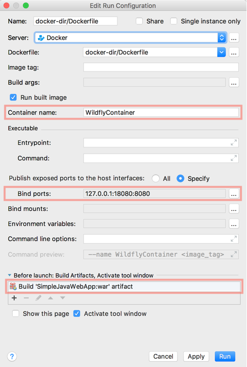 The Edit Run Configuration window