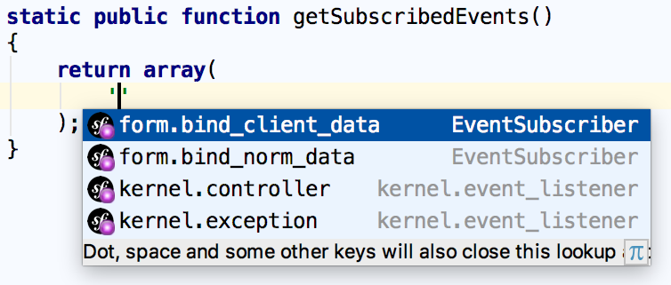 ps symfony array event name completion