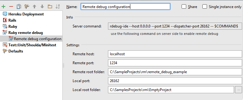 rm remote debug run configuration
