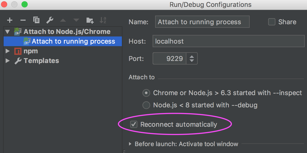 Attach no Node.js run configuration: select the Reconnect automatically checkbox