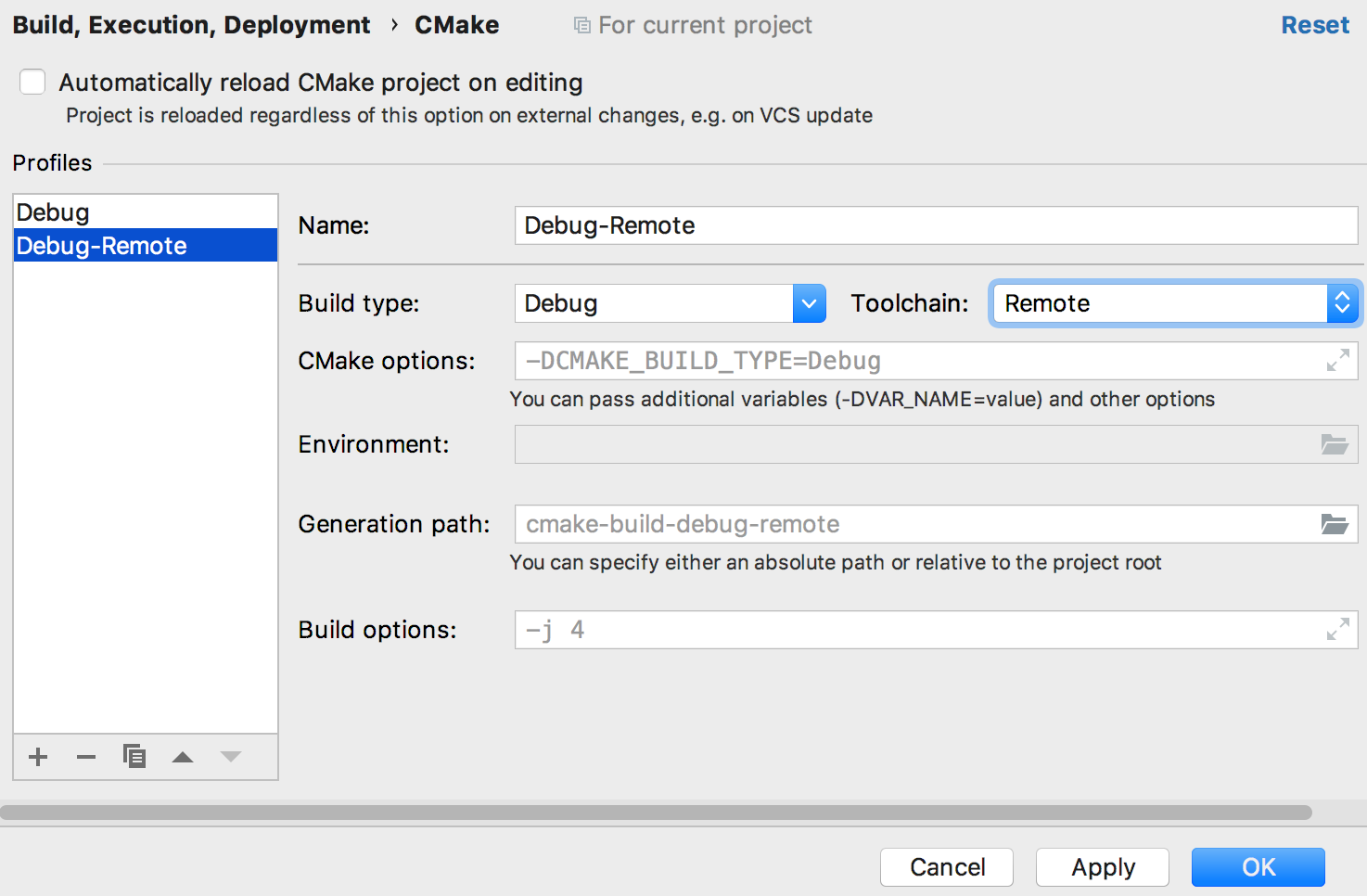 cmake profile for the remote toolchain