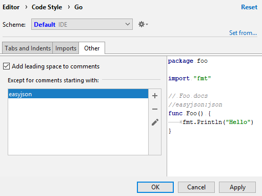Configure leading spaces for comments in Go