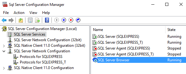 Ensure that the SQL Server Browser is running