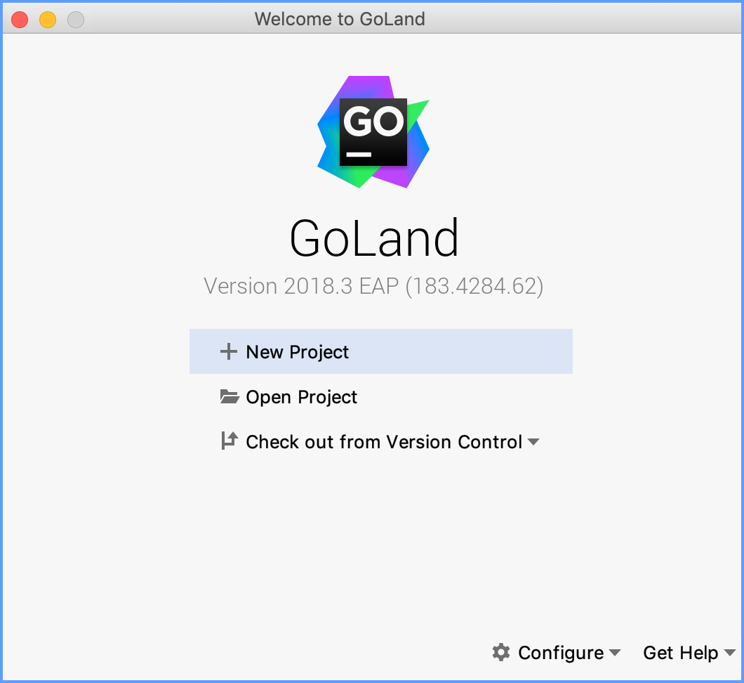 The GoLand welcome screen
