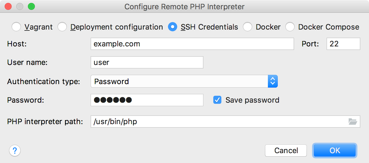 Remote interpreter via SSH Credentials dialog