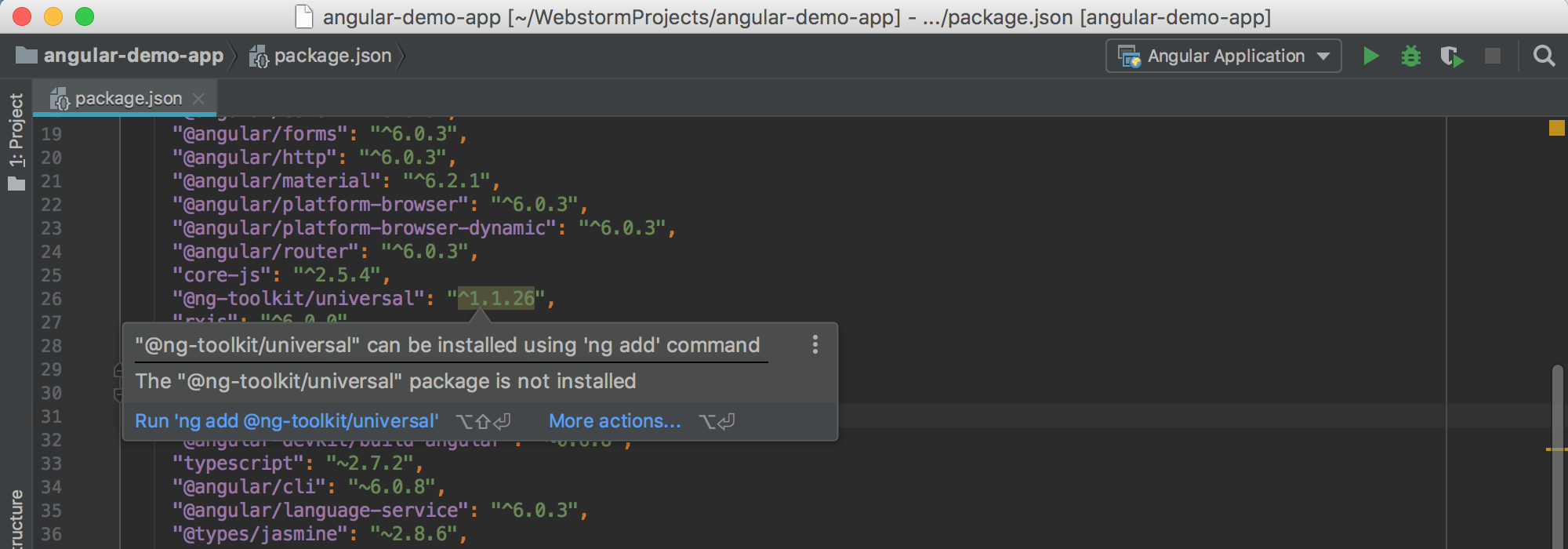 PhpStorm suggests adding a dependency with ng add