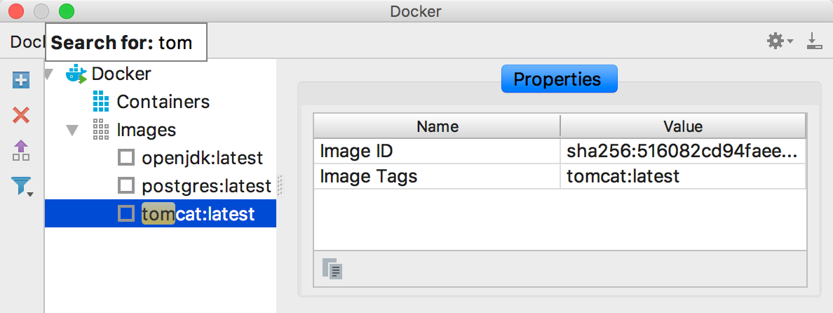The Docker tool window, text search