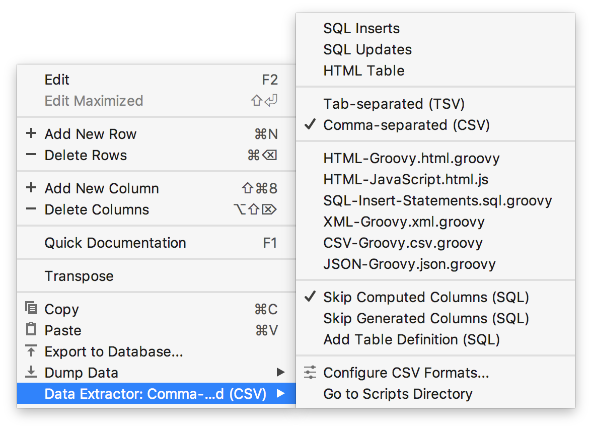 The table editor context menu