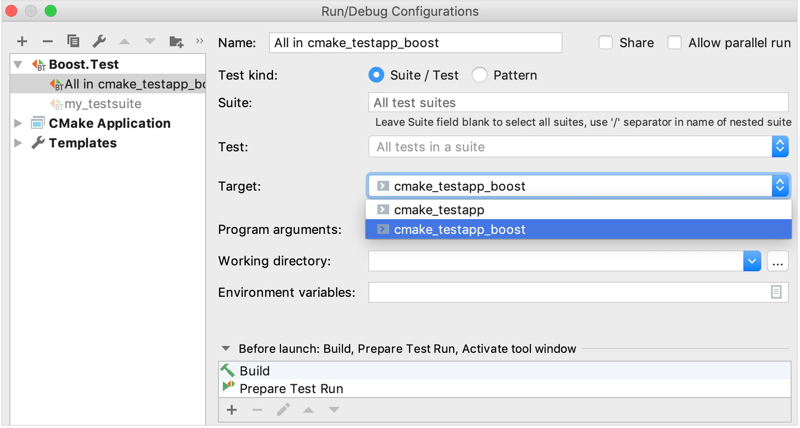 boost test run/debug configuration