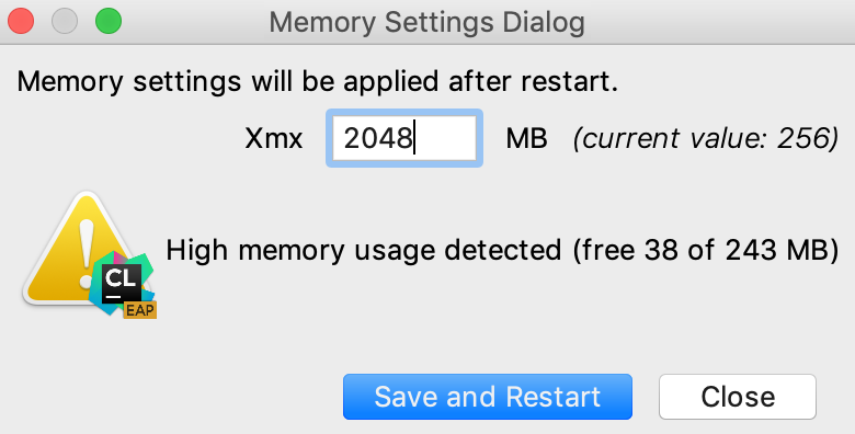 change Xmx in memory settings dialog