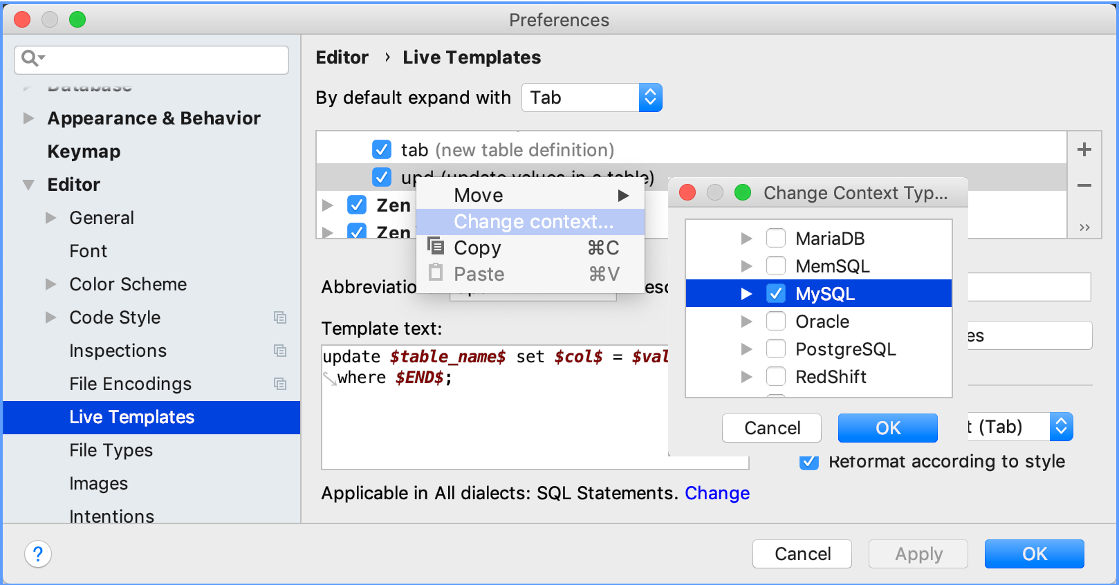 Set an SQL dialect for a live template