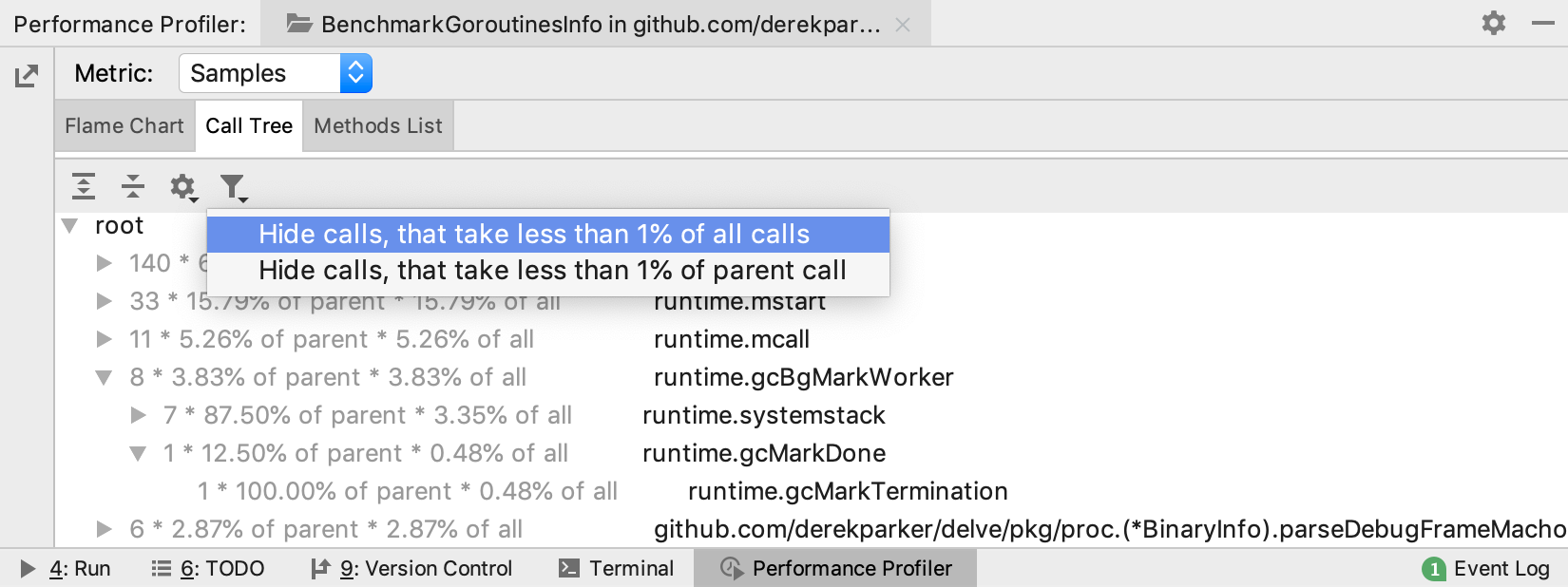 call tree tab in the profiler results
