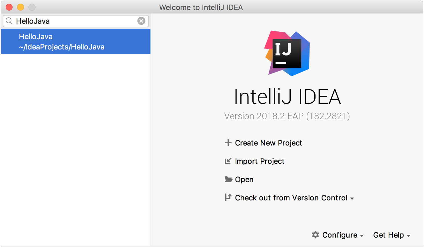 IntelliJ IDEA welcome screen