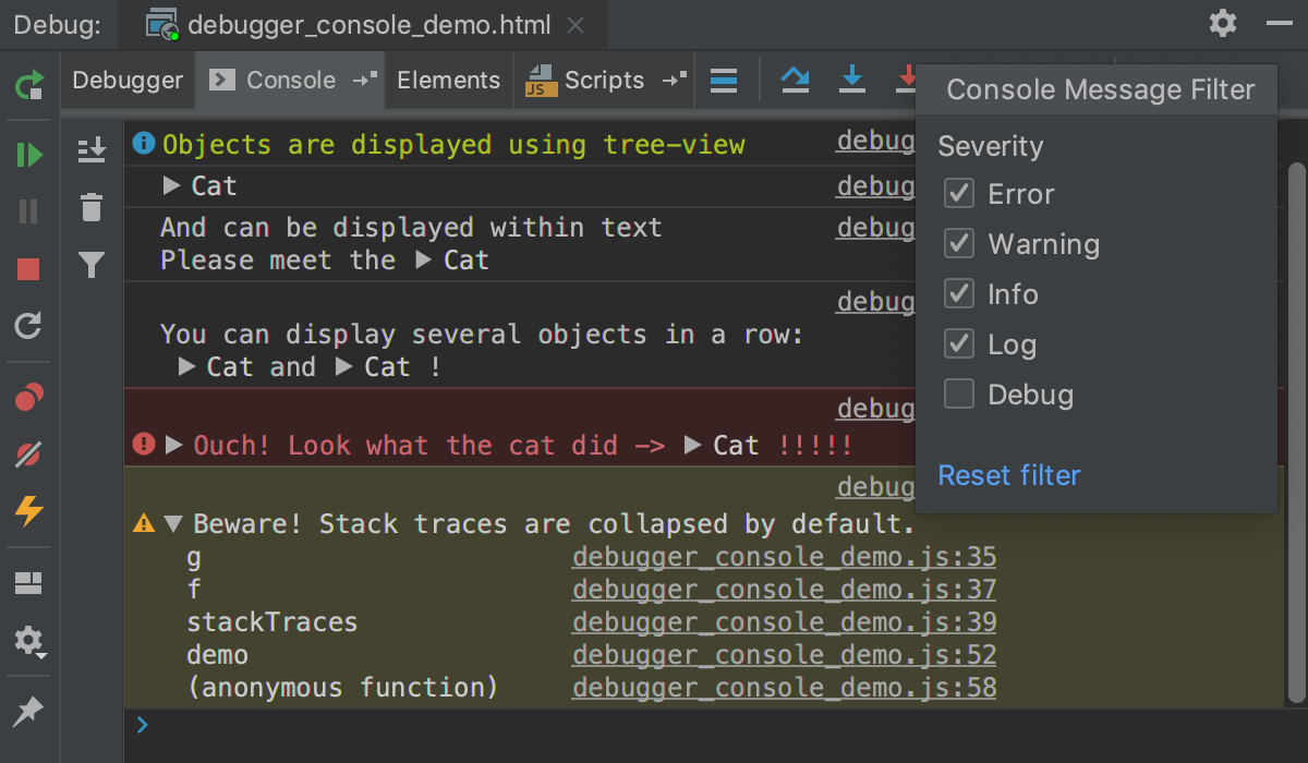 Node.js interactive debugger console: filtering out messages by type