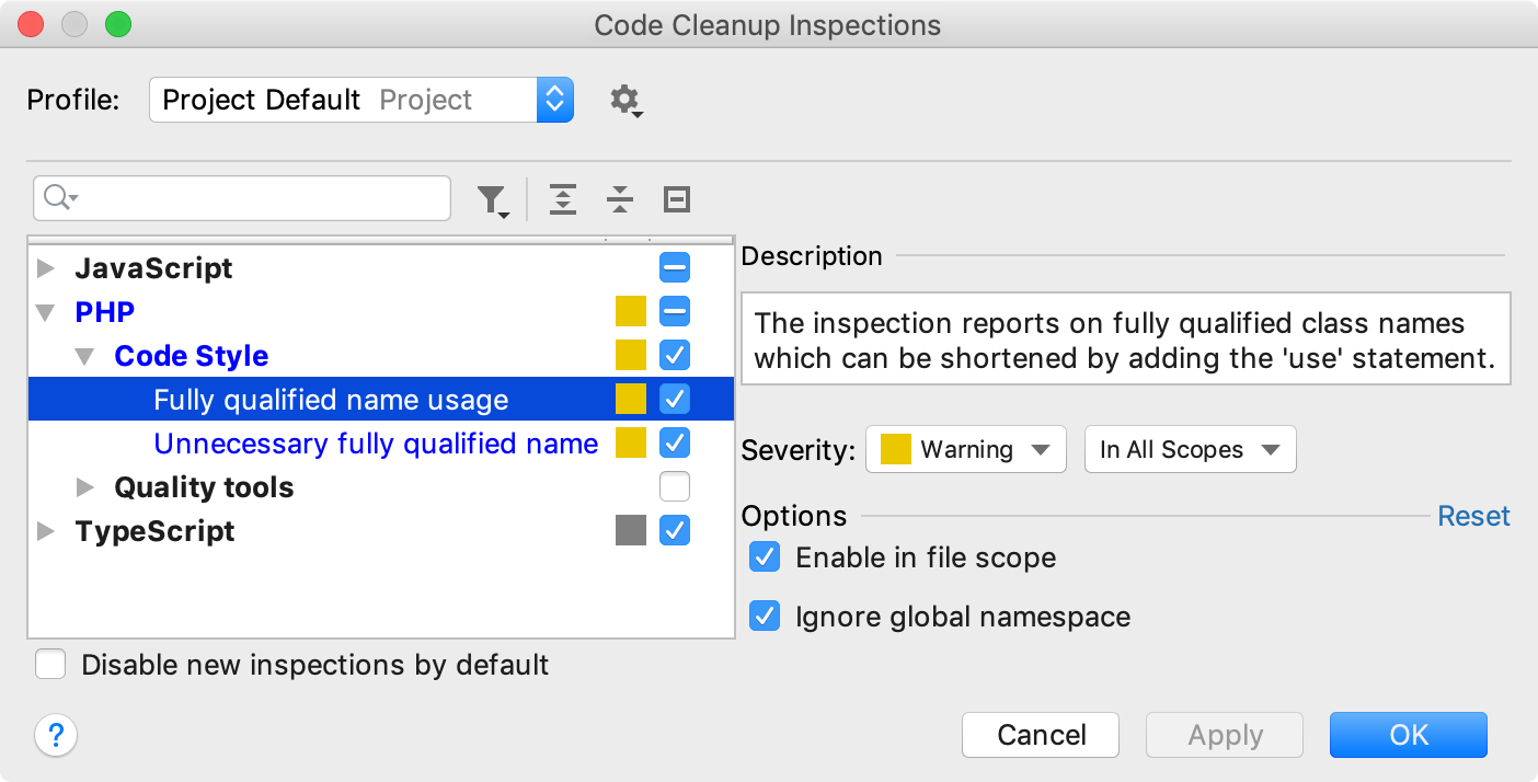 the Code Cleanup Inspections dialog: FQN Inspections