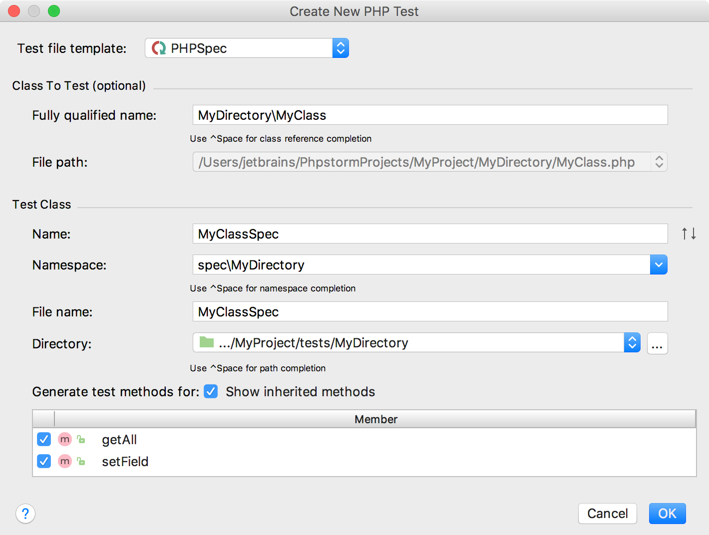 the Create new phpspec test dialog